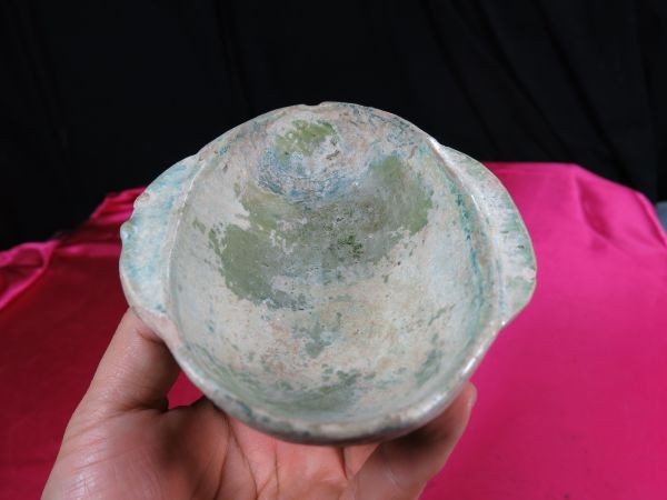 B　漢緑釉耳杯　漢時代　中国　遺跡発掘品　明器　副葬品　陶器　釉薬　銀化_画像5