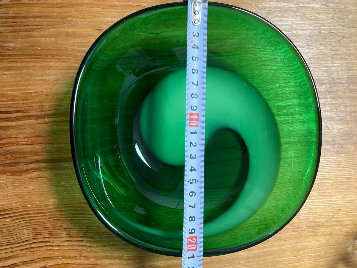 【昭和レトロ】ガラス皿 21cm 乳白マーブル グリーン 深皿 