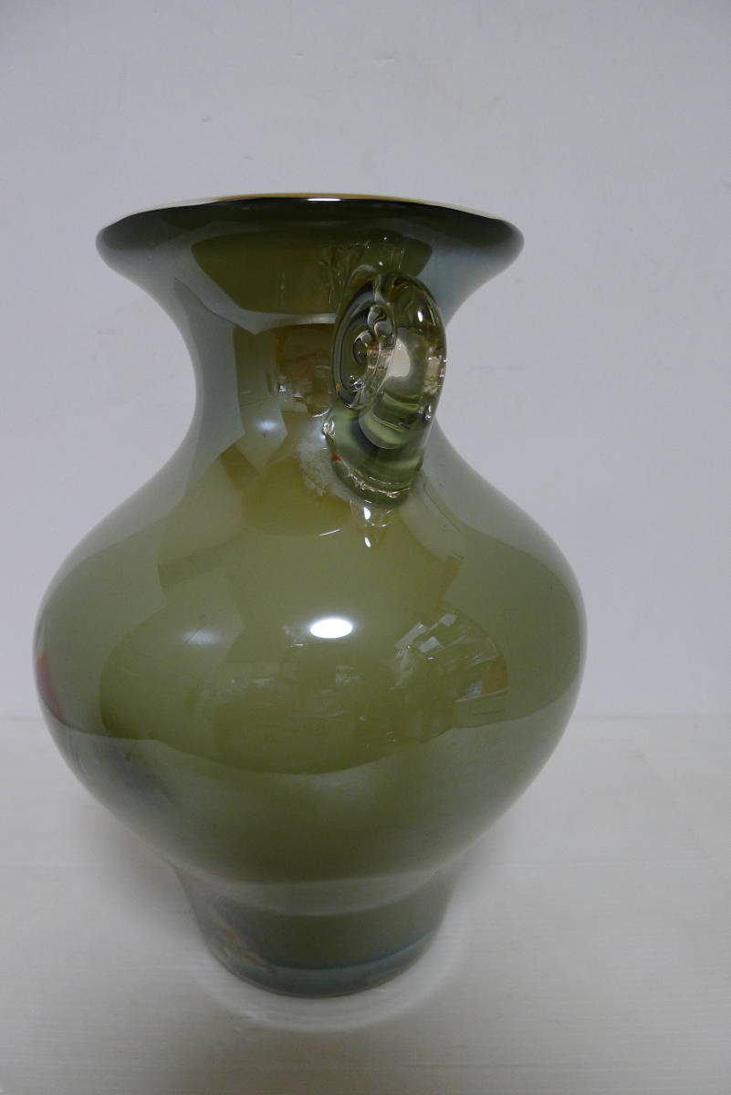 jj096 岩津硝子/Art Glass 双耳 ガラス花瓶 花器 オブジェ マーブル 壺 