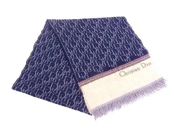 1円 美品 Christian Dior クリスチャンディオール トロッター ウール100% マフラー ストール メンズ レディース ネイビー系 X1449アM