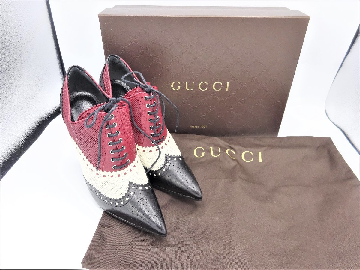 A7402NC 美品 グッチ GUCCI レースアップ ブーティ 36 レザー 黒 アイボリー 赤 パンチング 靴の画像1