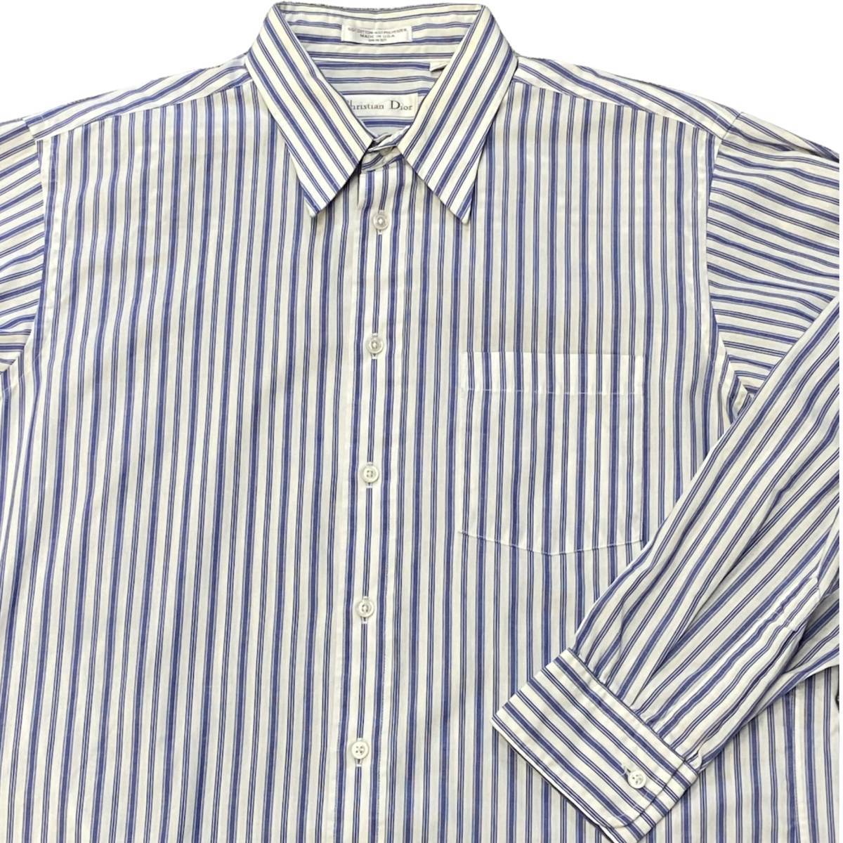 80s Christian Dior ストライプ柄 ボタンダウンシャツ 16 32-33 ブルー×ホワイト 長袖 シャツ クリスチャン ディオール ヴィンテージ_画像1
