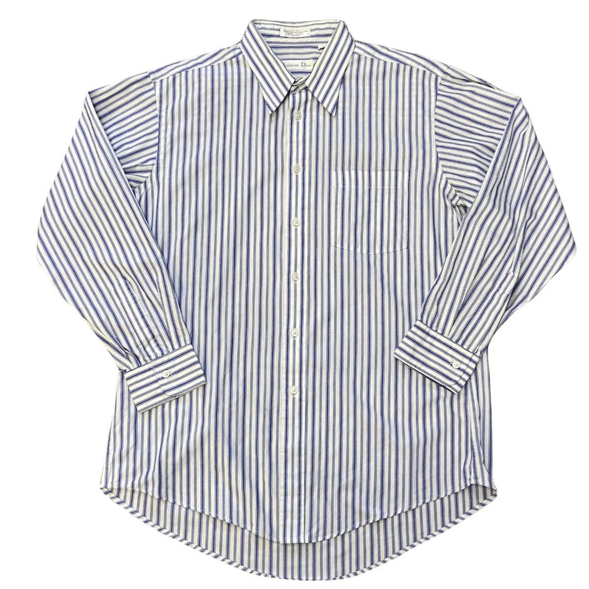80s Christian Dior ストライプ柄 ボタンダウンシャツ 16 32-33 ブルー×ホワイト 長袖 シャツ クリスチャン ディオール ヴィンテージ_画像2