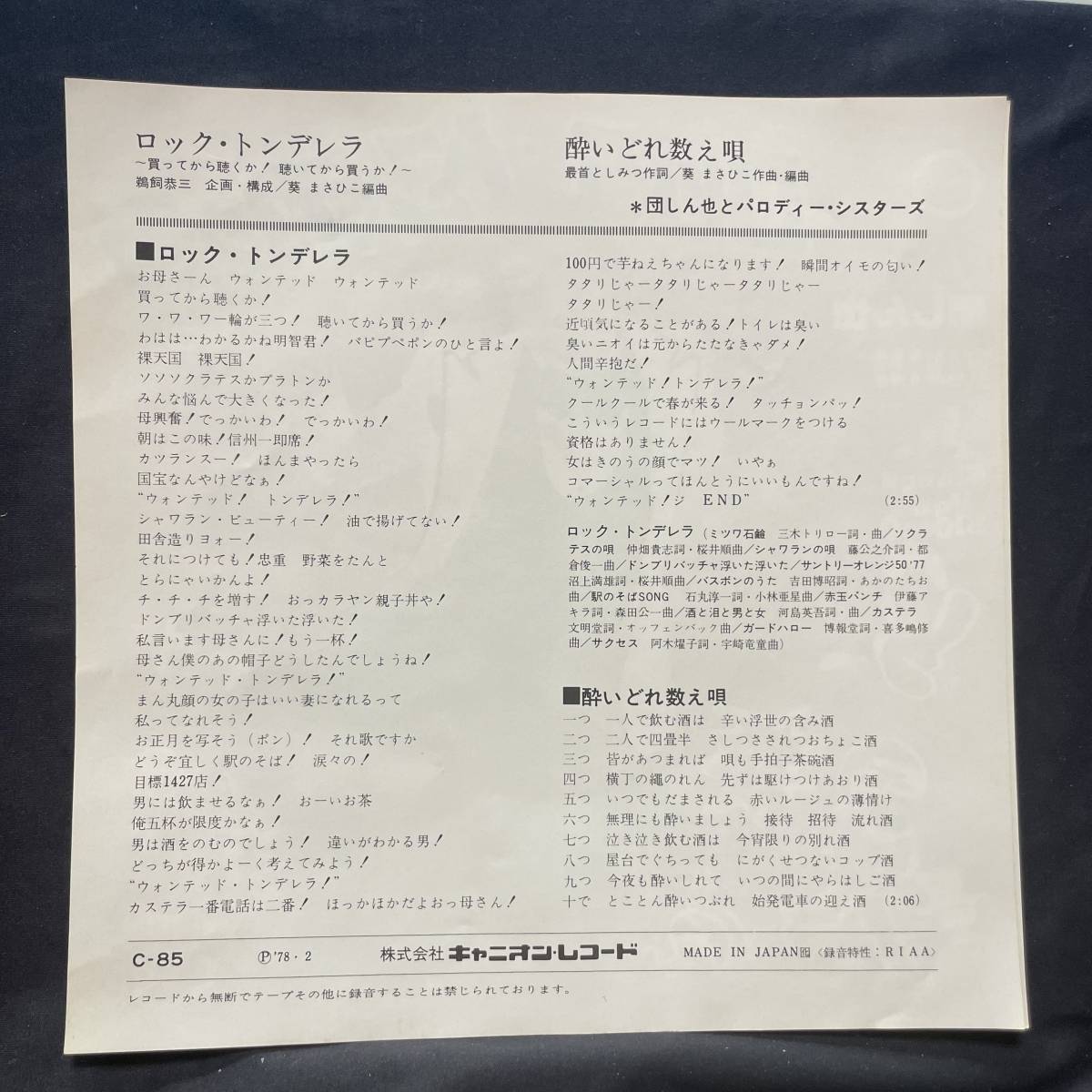 団しん也　ロックトンデレラ　ジャケットのみです　レコード盤は付属しません　国内盤 EP盤 シングル盤　中古品です_画像2