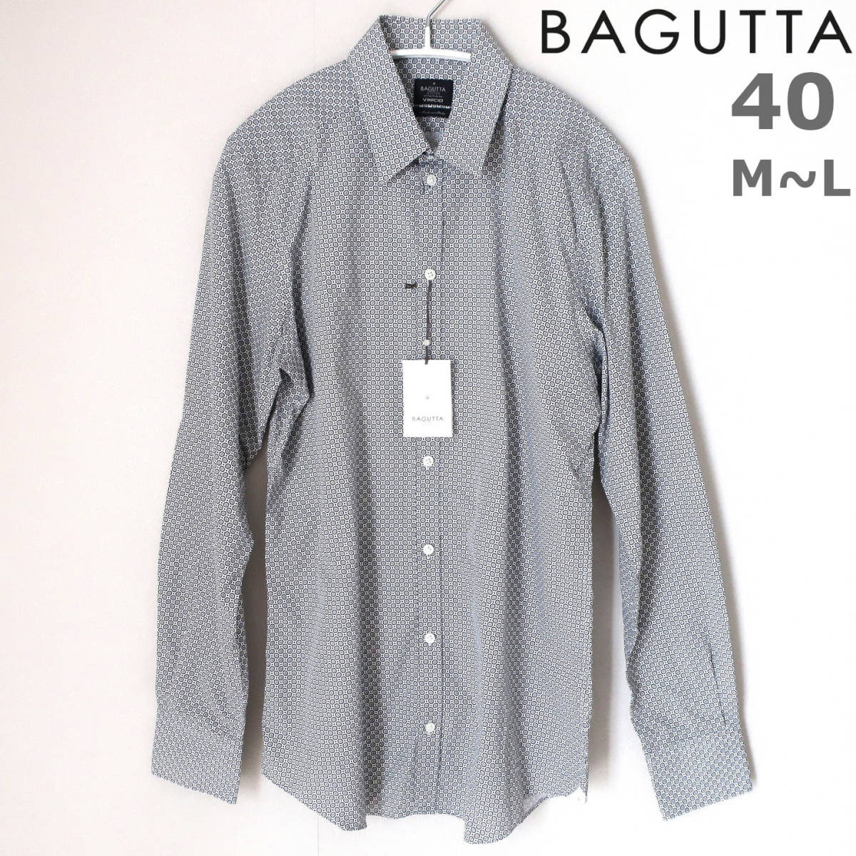 新品 BAGUTTA バグッタ イタリア製 最高級 メンズ ドレスシャツ 総柄 モノトーン 長袖 ボタン シャツ 黒 白 グレー 40 Mサイズ Lサイズ