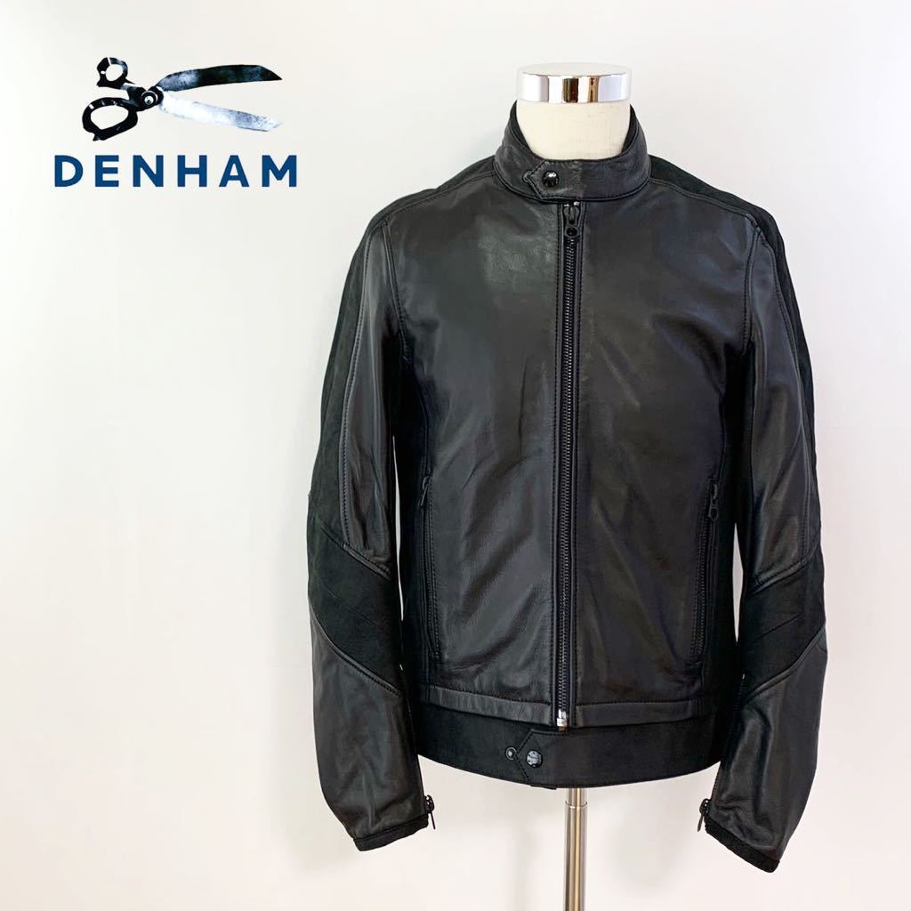 ☆良品 デンハム DENHAM レザー 切替え シングル ライダース ジャケット 黒 size M 本革 Safari サファリ バイカー