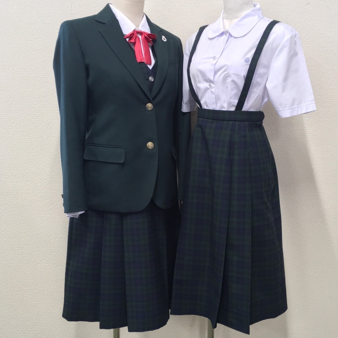 AT279 () 栃木県 上河内中学校 7点セット /指定品/165A/W69/緑/ブレザー/ベスト/ブラウス/吊りスカート/リボン/制服/女子学生/卒業生品