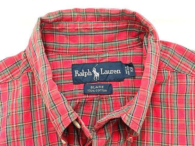 90's 香港製 ラルフローレン Polo Ralph Lauren BLAIRE コットンチェックシャツ ボタンダウン レッド 赤 サイズXS [l-0092]_画像6