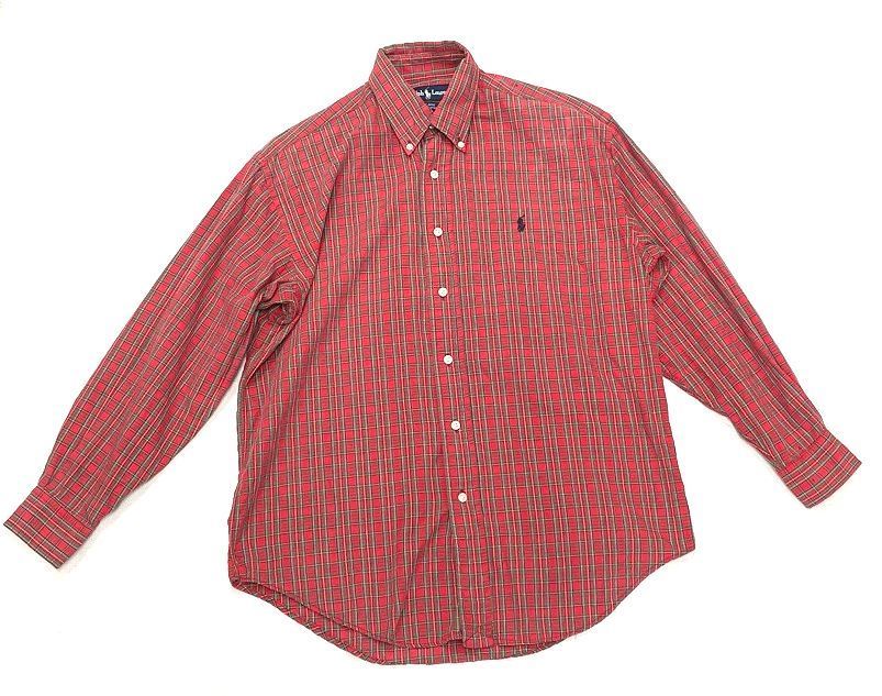 90's 香港製 ラルフローレン Polo Ralph Lauren BLAIRE コットンチェックシャツ ボタンダウン レッド 赤 サイズXS [l-0092]_画像1