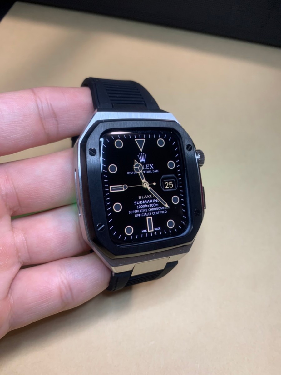 銀黒色 apple watch メタル ラバーバンド カスタム 金属 ゴールデン