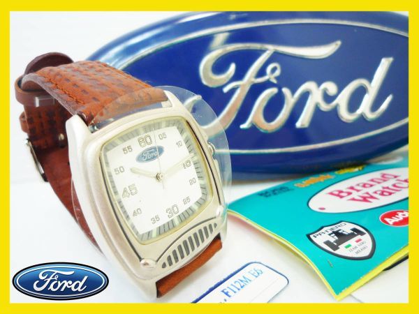 Ford 香港製 腕時計 レザー GENUINE LEATHER ヴィンテージ 缶 取説 保証書 ギャランティー F112M E6 メンズ フォード お買得 マニア必見