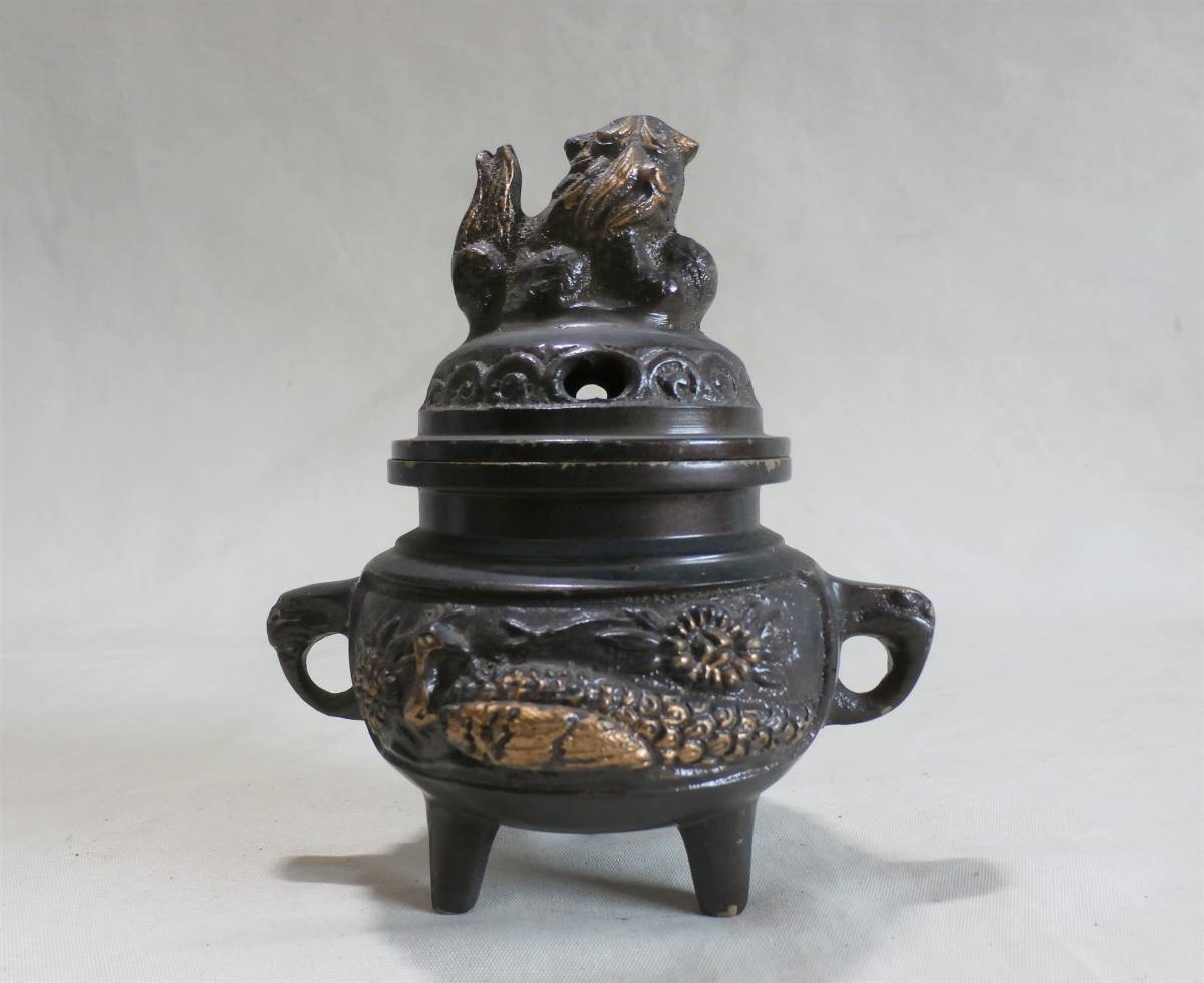 香炉 唐銅香炉 獅子 鳳凰模様 丸型香炉 佛具 線香立て 三つ脚 D 机上