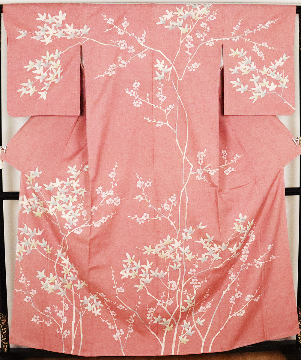 手織り紬 訪問着 袷 正絹 ローケツ 梅 楓 Lサイズ ki25186 未使用品 着物 レディース 送料無料