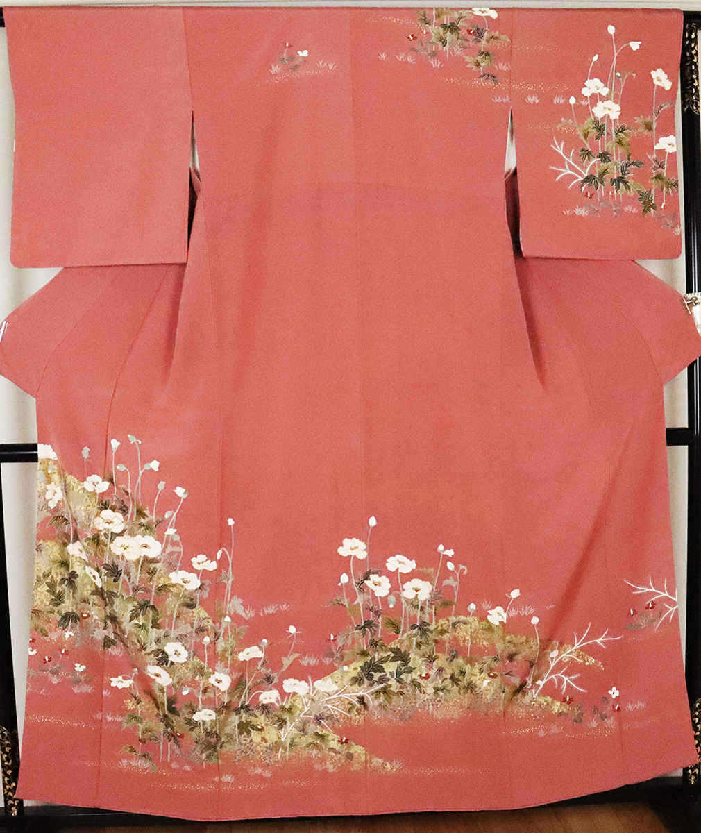 生まれのブランドで 訪問着 袷 正絹 赤紫 草花 Lサイズ ki25031 美品 着物 レディース 公式行事 送料無料 リサイクル 中古 仕立て上がり