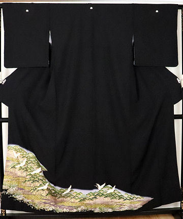 黒留袖 袷 正絹 鶴の旅立 比翼仕立て Mサイズ ki24357 美品 着物 レディース 結婚式 送料無料 リサイクル 中古