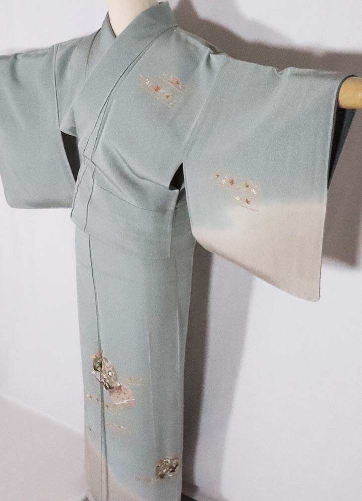大特価!! 花丸紋 緑 正絹 訪問着 唐花 中古 送料無料 結婚式 卒業式