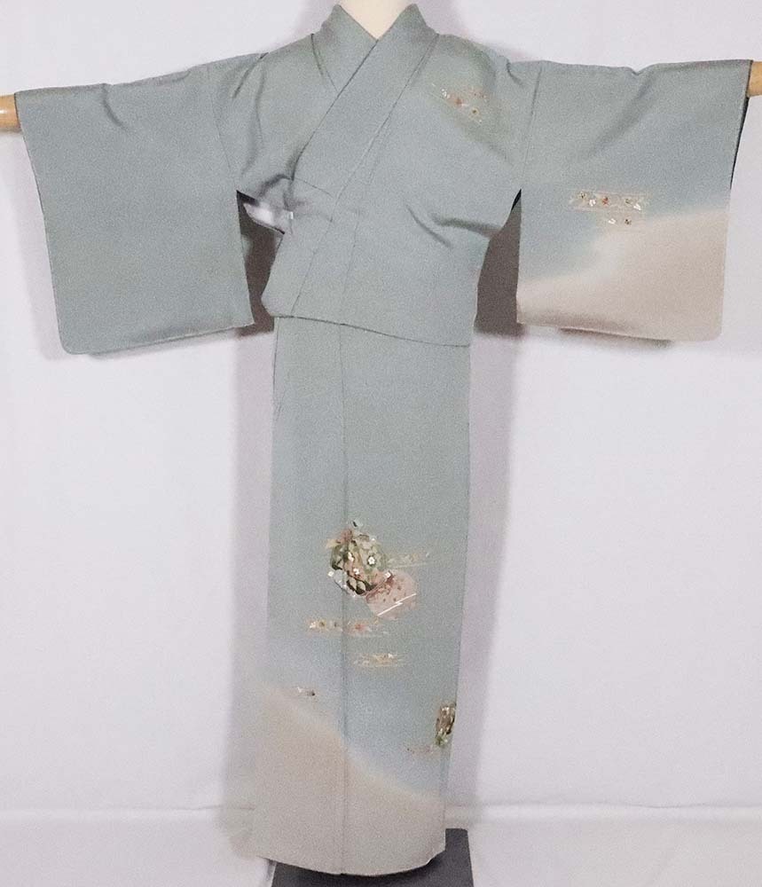 訪問着 正絹 緑 花丸紋 唐花 身丈157cm 裄丈63cm Mサイズ ki26145 未使用品 着物 レディース 入学式 卒業式 結婚式 送料無料 中古