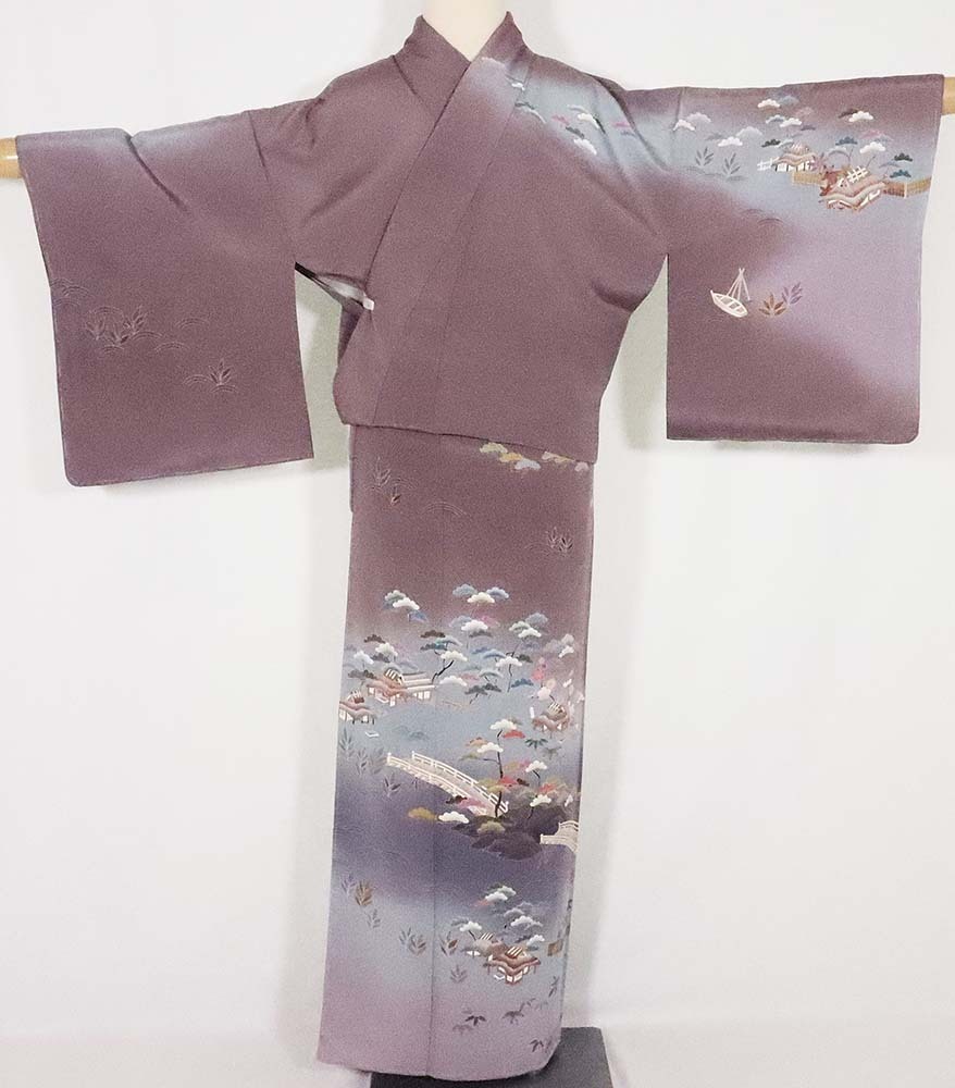  Kyouyuuzen Yoshioka .. work visit wear . silk hand ..... pine bamboo plum small legume color blue gray purple length 161cm sleeve length 65cm M size ki26061 free shipping new goods 