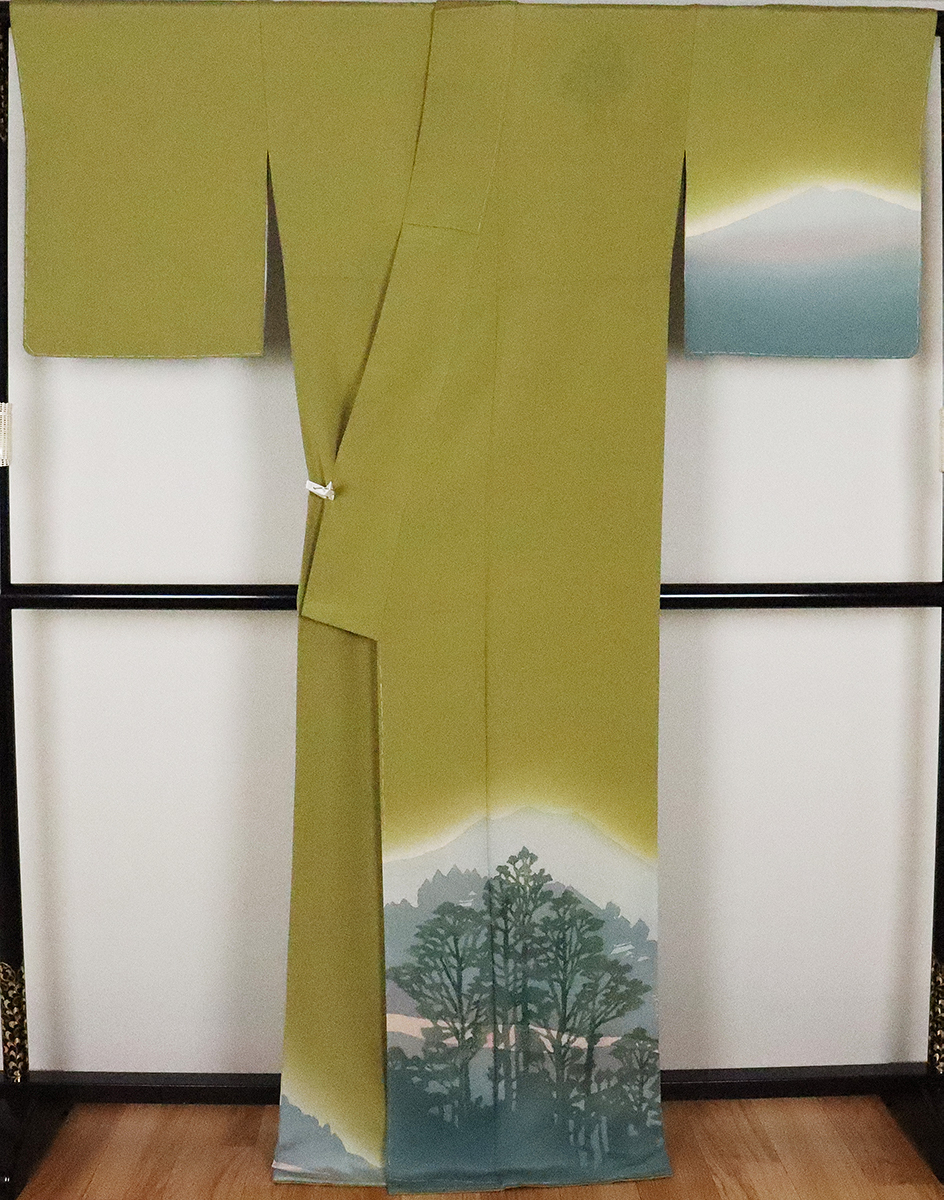友禅訪問着 正絹 薄緑 暈し 遠山 風景画 LLサイズ ki20361 新品 トールサイズ 公式行事 送料無料_画像5