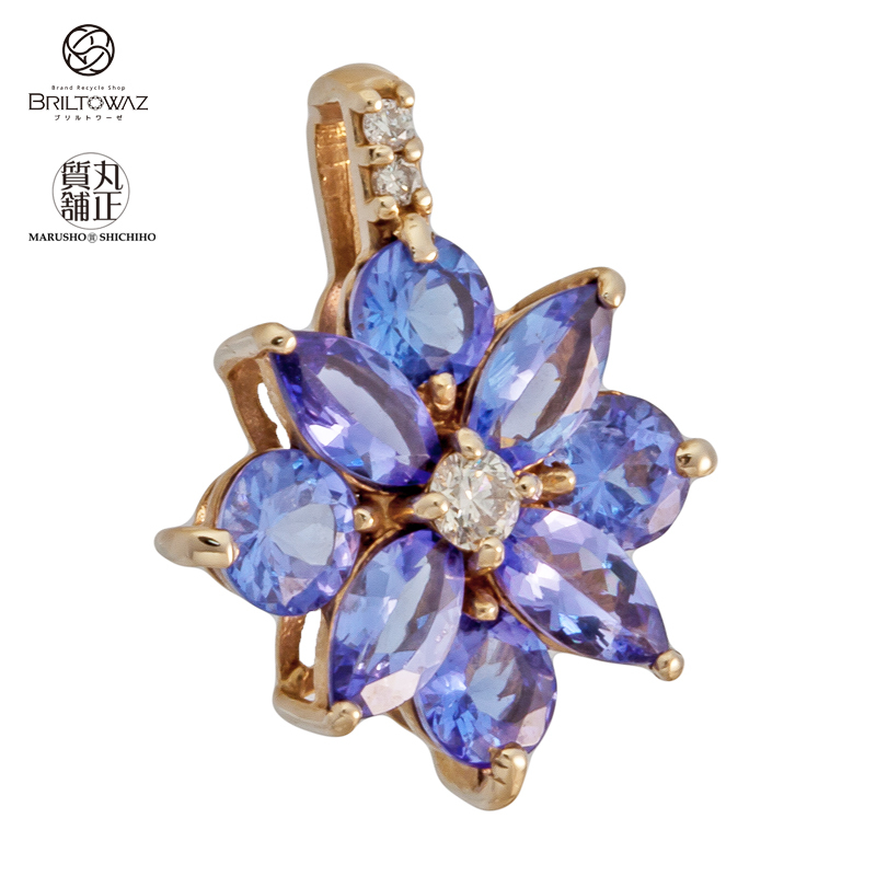 K18YG tanzanite (zoi site ) pendant diamond 1.78ct D0.10ct 1.6g 12 month birthstone yellow gold used free shipping (M209150)