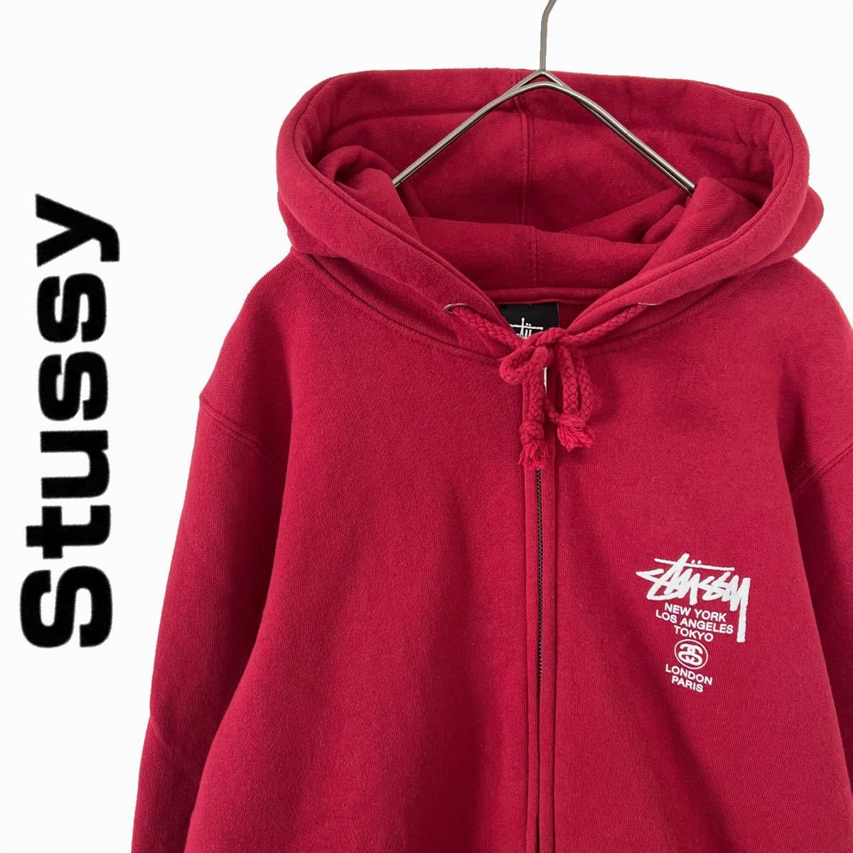 販売限定 STUSSYジップパーカー USA製 M ワインレッド 希少デザイン