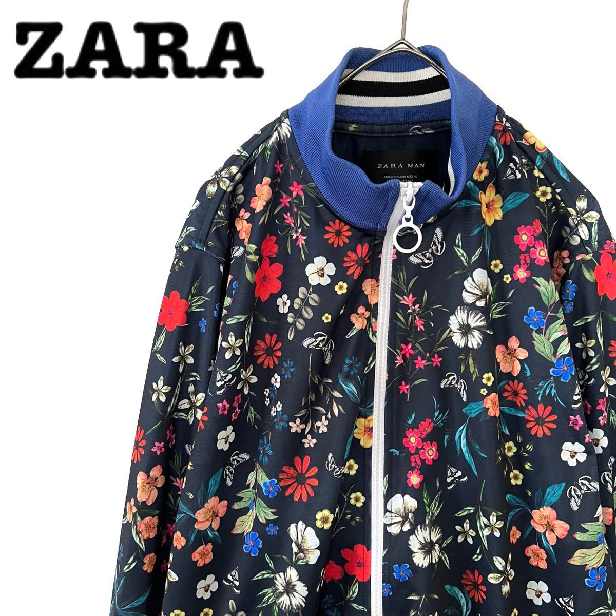 【送料無料】ZARA ザラ　花柄　ボタニカル　ジャージ　トラックジャケット　メンズ M 総柄　ブラック　黒