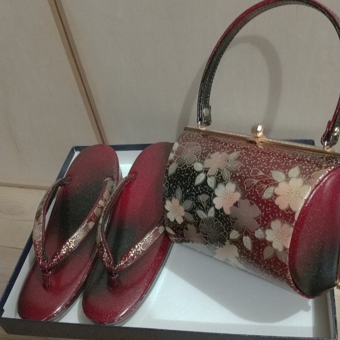 お値下げ□草履バッグセット 赤系 黒 美品 24cm 和装バッグ 和装小物