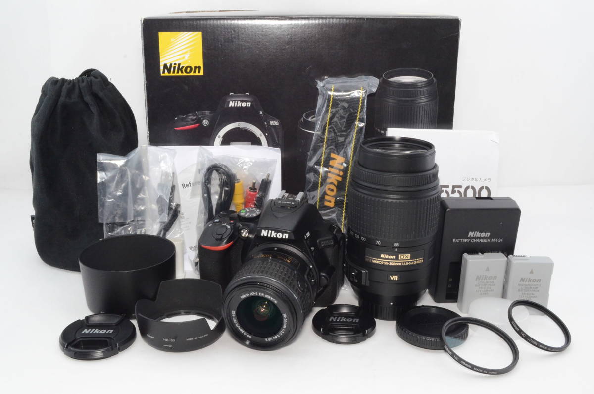 極上品☆Nikon ニコン D5500 ダブルズームキット ブラック☆元箱 フィルター2個 予備バッテリー付き 020047 