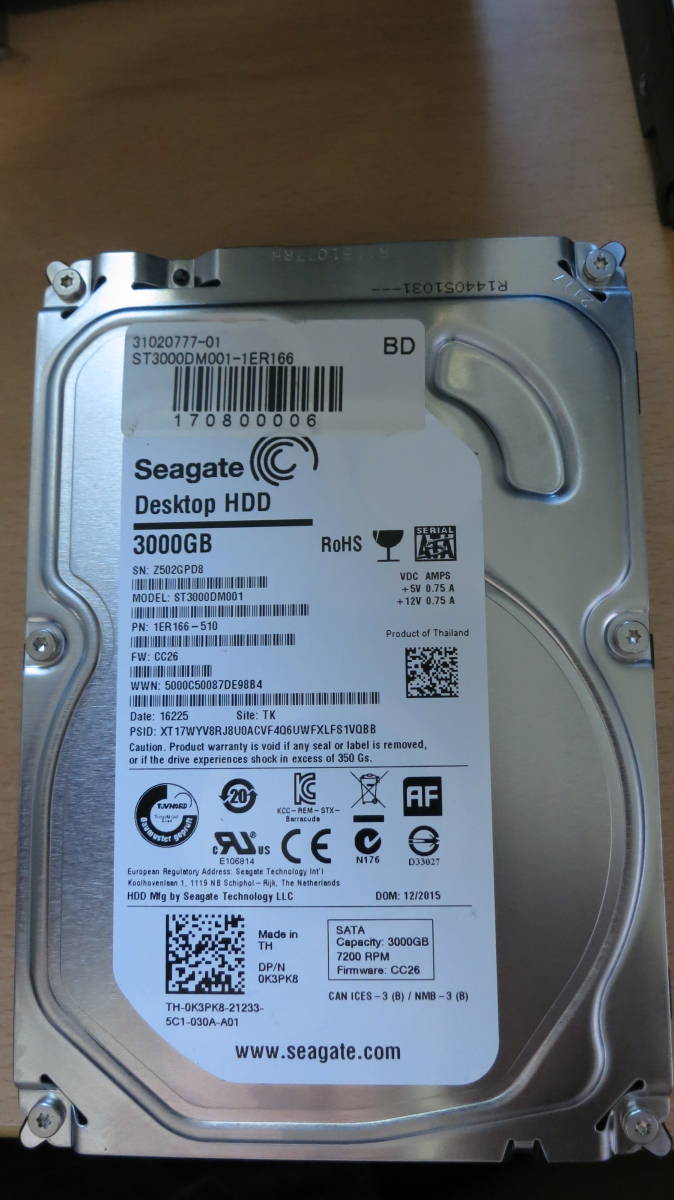 Seagate-HDD3TB　ST3000DM001　シリアル：Z502GPD8