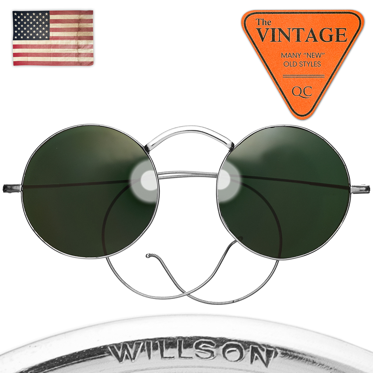 驚きの安さ WILLSON USA 美品ヴィンテージ1930s ガラスレンズ 1155 当時モノ 工業系 インダストリアル アメリカ 丸サングラス 丸メガネ 正丸 46mmアイ 金属フレーム