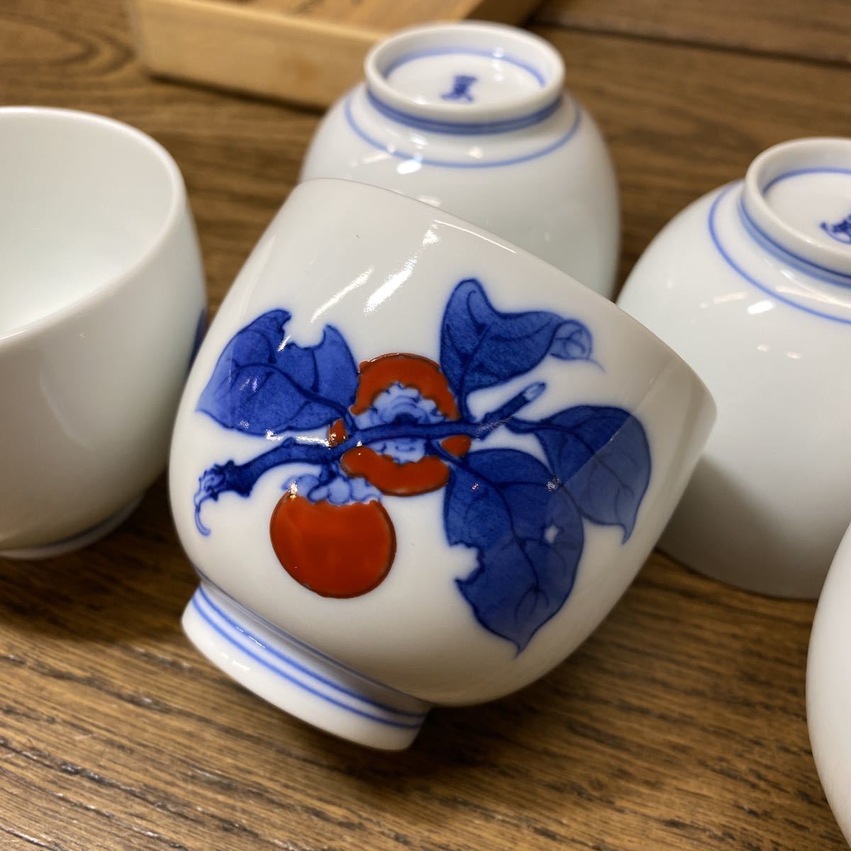 十四代 酒井田柿右衛門/染錦柿文/湯呑/5客/共箱付き/茶器【未使用保管