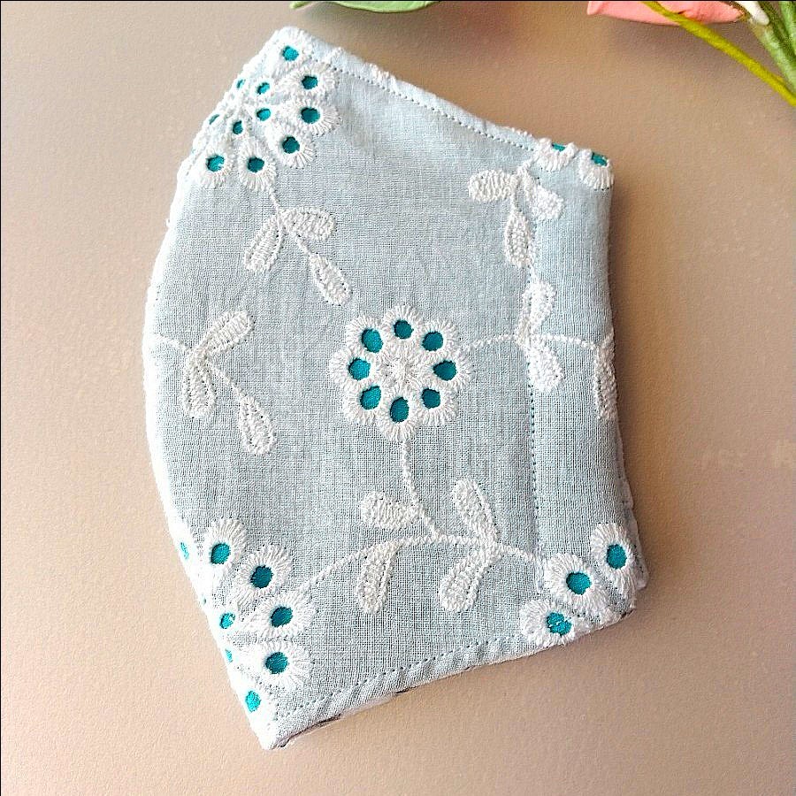 ☆彡アイレット花刺繍レース【機能性立体インナー】制菌SEK生地 ターコイズブルー　花粉対策