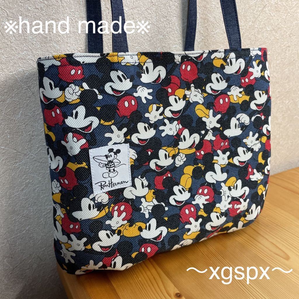 ミッキー マウス MICKEY MOUSE ハンドメイド hand made(青 横)手作り バッグ デニム 帆布 ショルダー ハンド サコッシュ ポシェット バック_画像1