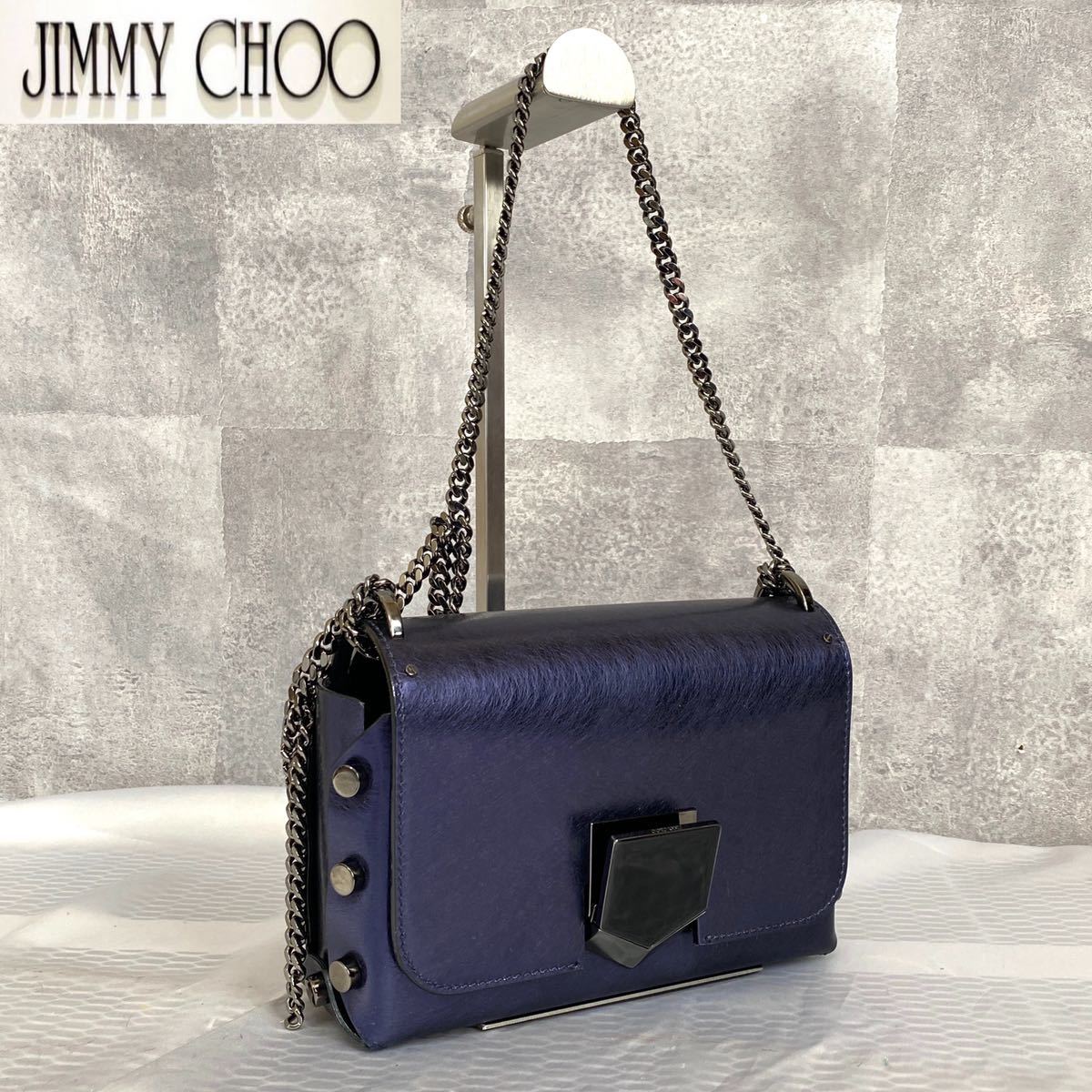 定価231,000円 JIMMY CHOO ジミーチュウ ハンド トート ショルダーバッグ LOCKETT CITY ロケット シティ チェーン レザー ダークブルー