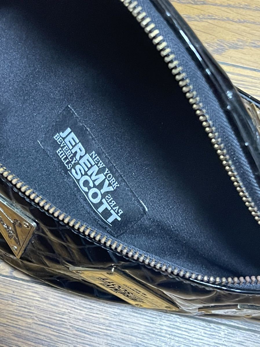 ジェレミースコット クロコ型押し金プレート黒ウエストバッグ鞄ワニ革 