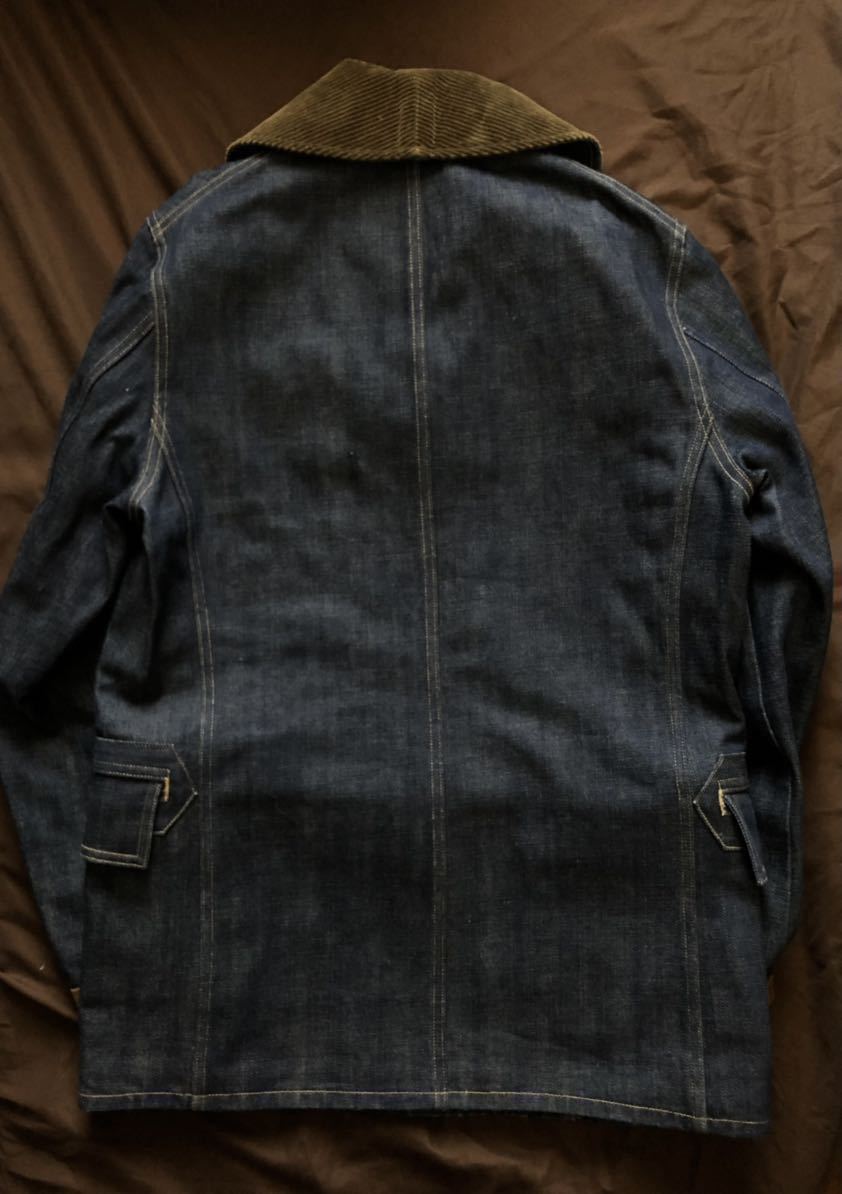 【名作】極美品 RRL DENIM RANCH COAT ダブルアールエル ランチコート ショールカラー コーデュロイ レザー インディゴ リジッド S_画像4