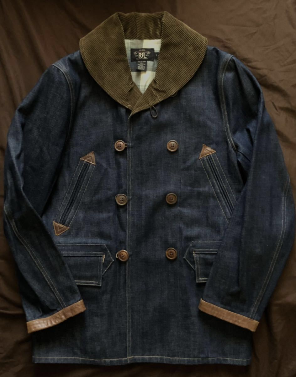 【名作】極美品 RRL DENIM RANCH COAT ダブルアールエル ランチコート ショールカラー コーデュロイ レザー インディゴ リジッド S_画像3