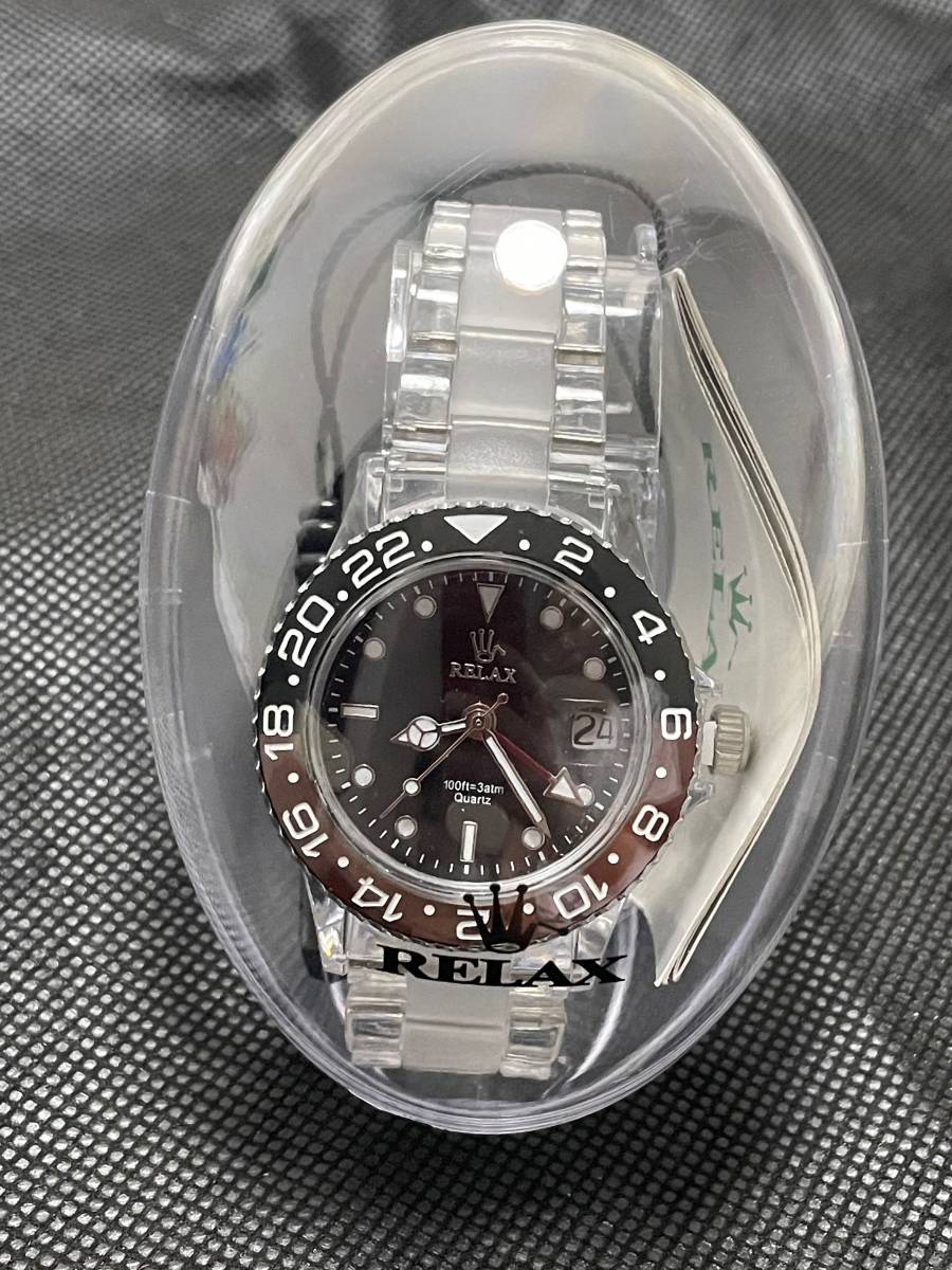 RELAX リラックス王冠ロゴ腕時計GMT 赤/黒赤針セラミック製24H回転