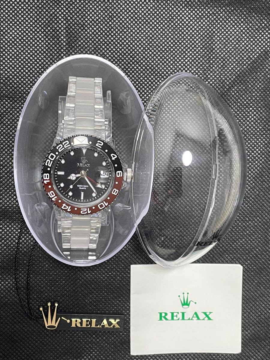 RELAX リラックス王冠ロゴ腕時計GMT 赤/黒赤針セラミック製24H回転