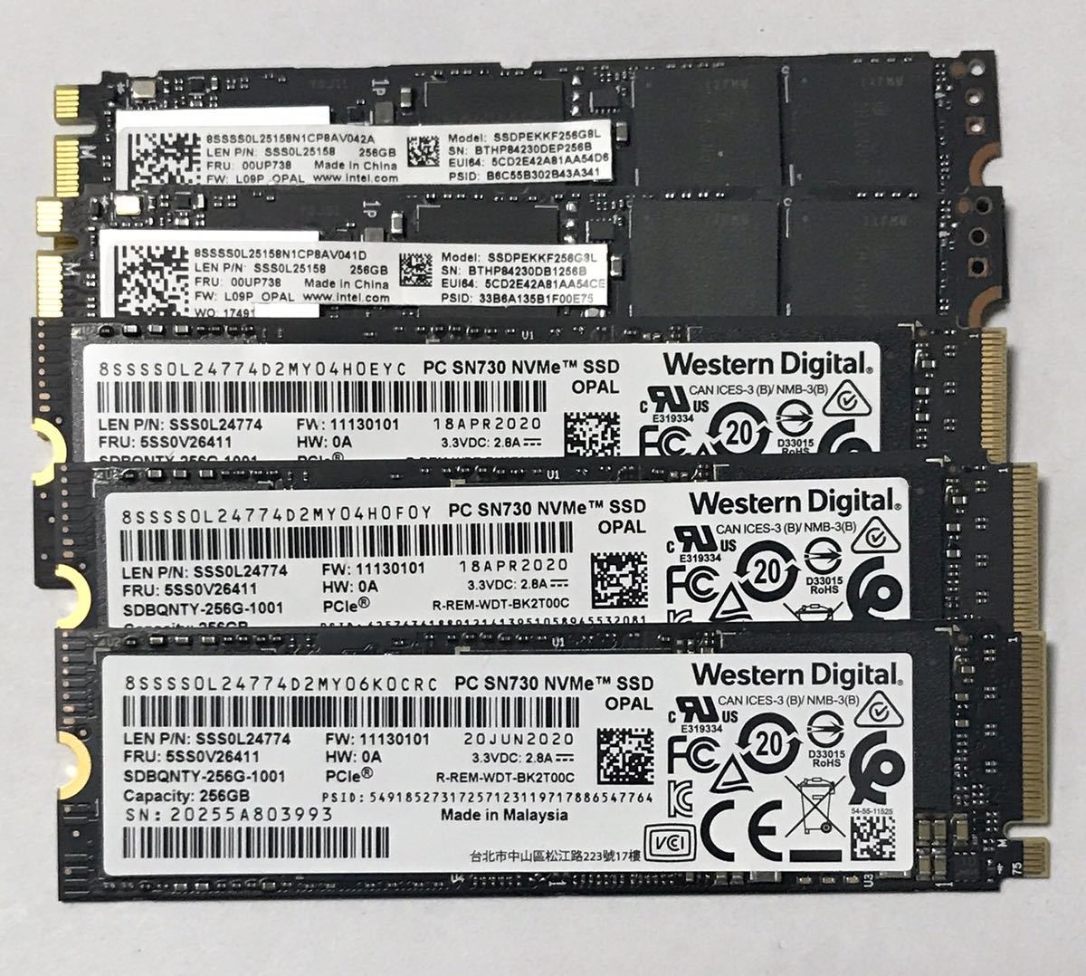 送料無料 未使用含めて5枚まとめて WD PC SN730 x3枚 Intel SSDPEKKF256GBL x2枚 M.2 2280 PCIe SSD 256GB