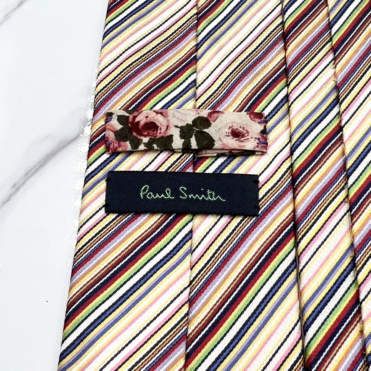 未使用 ネクタイ Paul Smith ポールスミス シルク100% 花柄 ブランドロゴ マルチストライプ マルチカラー 刺繍 ジャガード メンズ 虹色