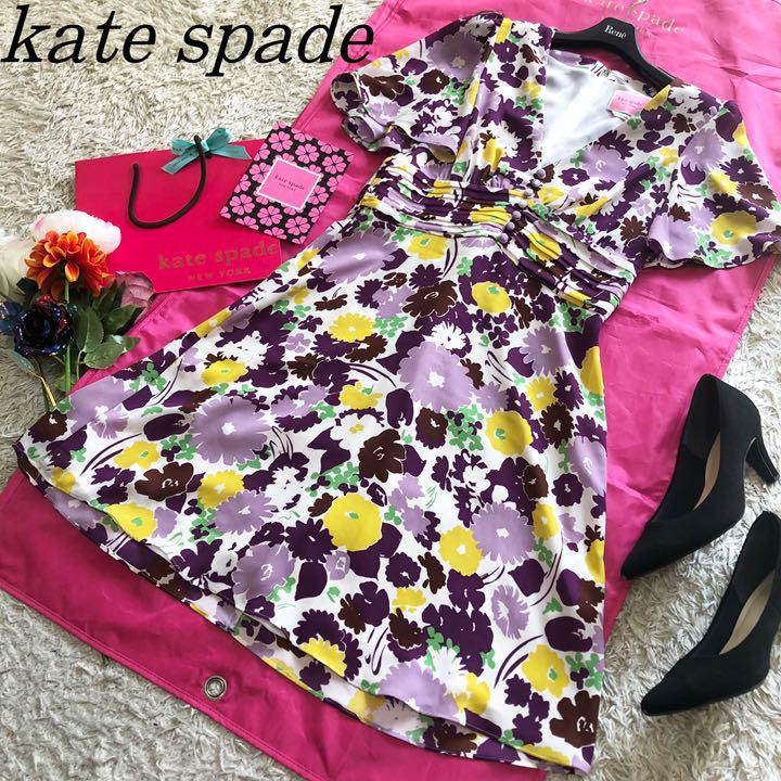 美品】kate spade 花柄シフォンフレアワンピース ドレス パープル 4