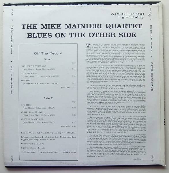 ◆ MIKE MAINIERI Quartet / Blues On The Other Side ◆ Argo LP-706 (grey:dg) ◆_画像2