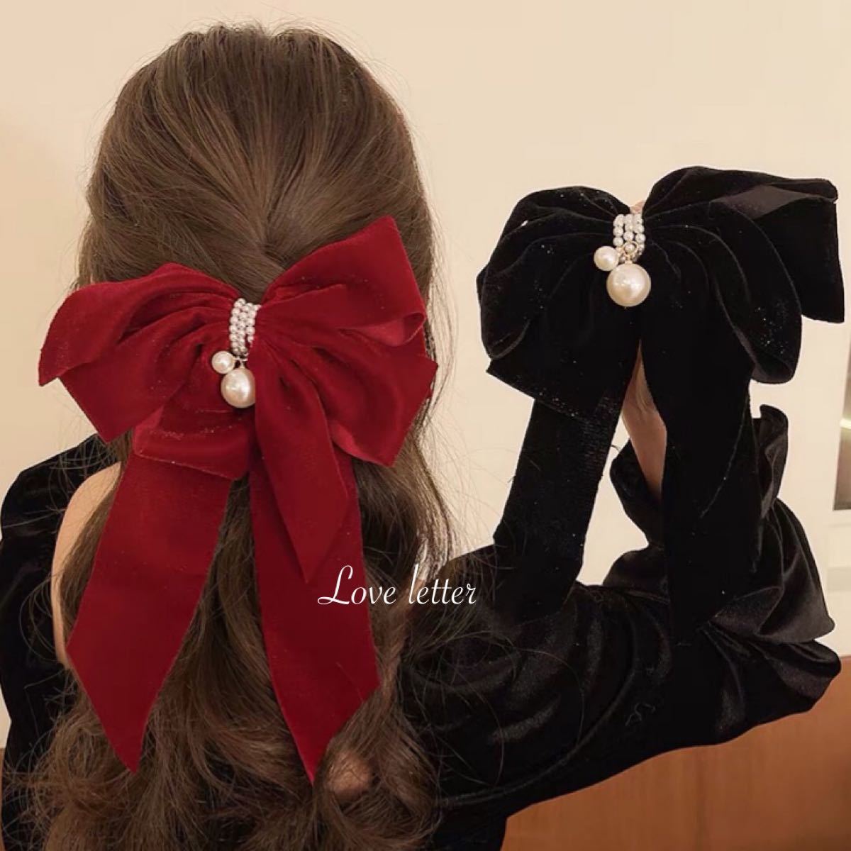 ベロアリボン 赤 ヘアクリップ 髪飾り アクセサリー ベルベットリボン