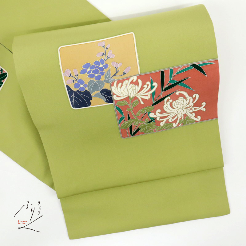 【タイムセール!】 【針子】塩瀬名古屋帯■彩る四季の花模様■抹茶色■普段着に■正絹着物◆NG6-2 仕立て上がり 【タイムセール!】 【針子】塩瀬名古屋帯■彩る四季の花模様■抹茶色■普段着に■正絹着物◆NG6-2 仕立て上がり