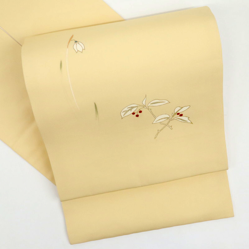 針子】特選品□塩瀬□赤い木の実と一輪の花名古屋帯□鳥の子色◇正絹