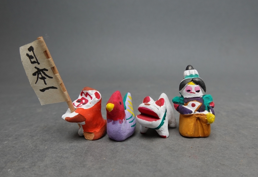 郷土玩具 文字ヶ関人形/門司ヶ関人形 桃太郎＋お供（犬・猿・雉） 土人形 検索・柳瀬重朝/民芸/工芸