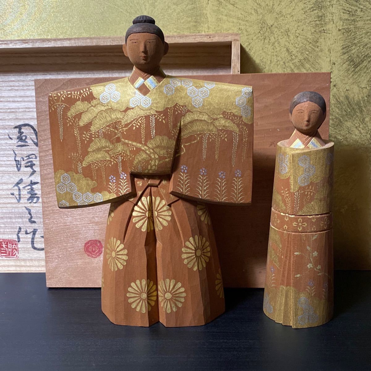 珍しい 日本彫刻界巨匠 文化勲章作家 金彩 立ち雛 圓鍔勝三 木彫 検