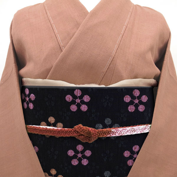 名古屋帯 八寸 米沢織 スワセンイ 謹製 花薫り 黒地 梅鉢 全通 正絹 絹