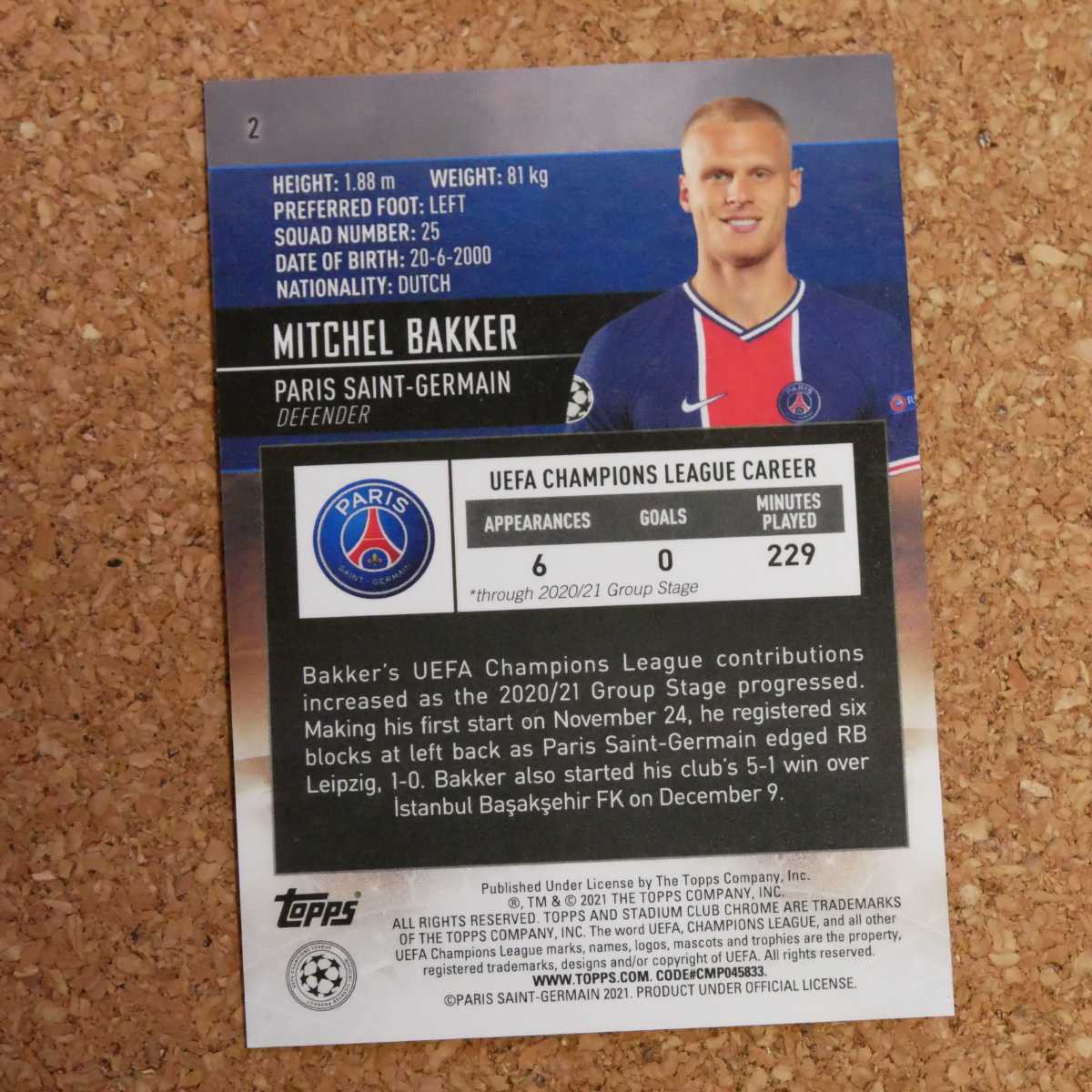 topps stadium club chrome Mitchel Bakker トップススタジアムクラブクローム ミッチェルバッケル オランダ PSG ルーキー rookie RC_画像2